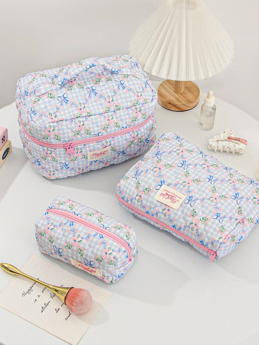 Canvas Striped Octagonal Large-Capacity Toiletry Bag: Pink and blue striped bouquet / Small size 19*8*6cm