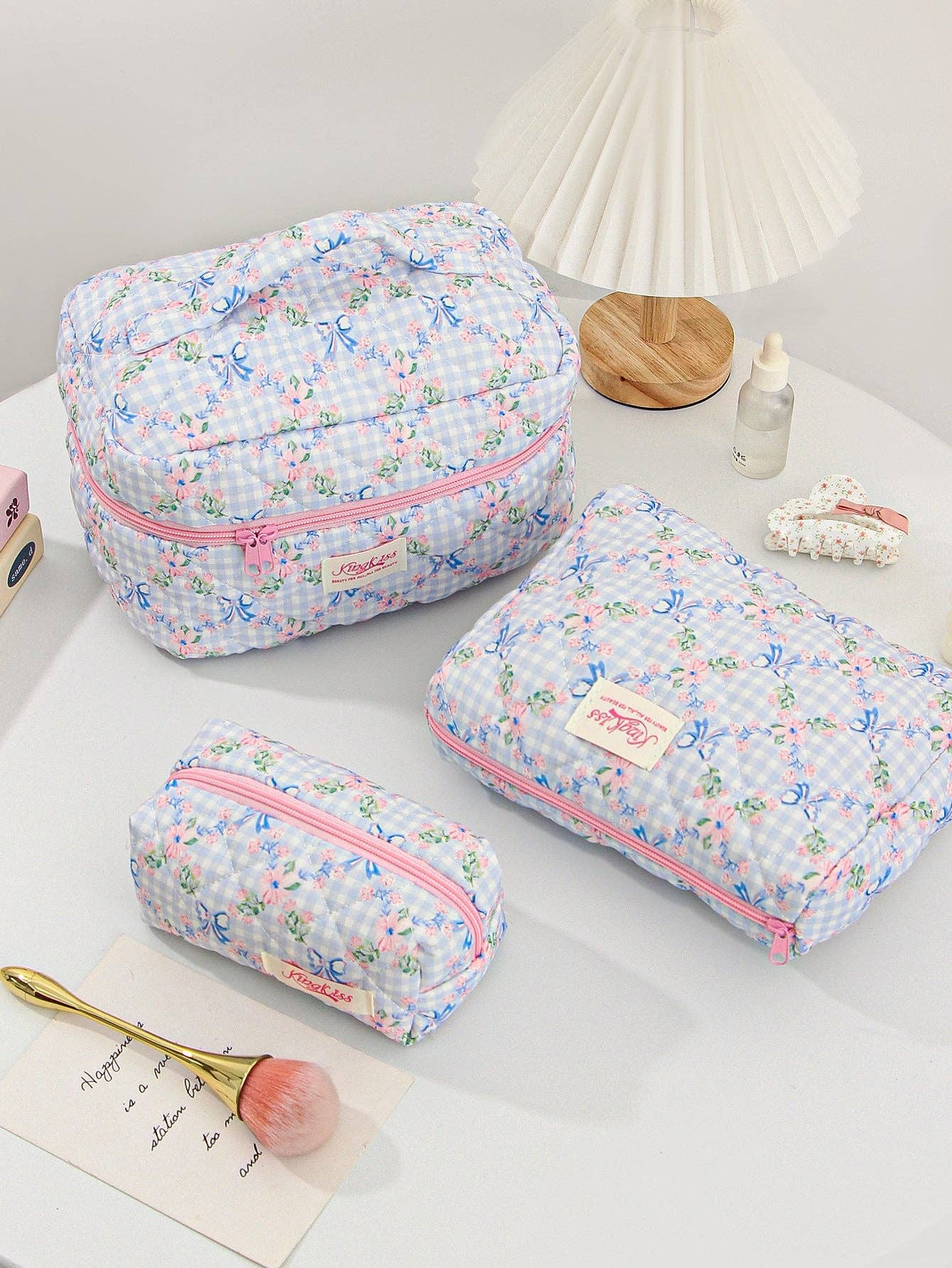 Canvas Striped Octagonal Large-Capacity Toiletry Bag: Pink and blue striped bouquet / Small size 19*8*6cm