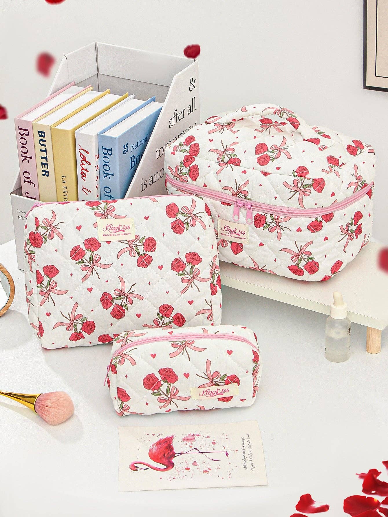 Canvas Striped Octagonal Large-Capacity Toiletry Bag: Pink and blue striped bouquet / Small size 19*8*6cm