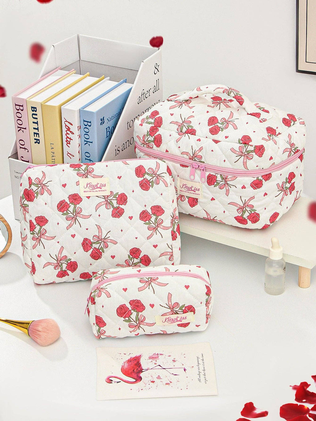 Canvas Striped Octagonal Large-Capacity Toiletry Bag: Pink and blue striped bouquet / Medium size 26*7*18cm