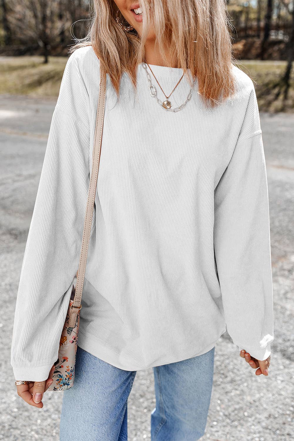 Women Solid Corduroy Crewneck Loose Fit Sweatshirt | S-2XL: Red / Missy / 2XL