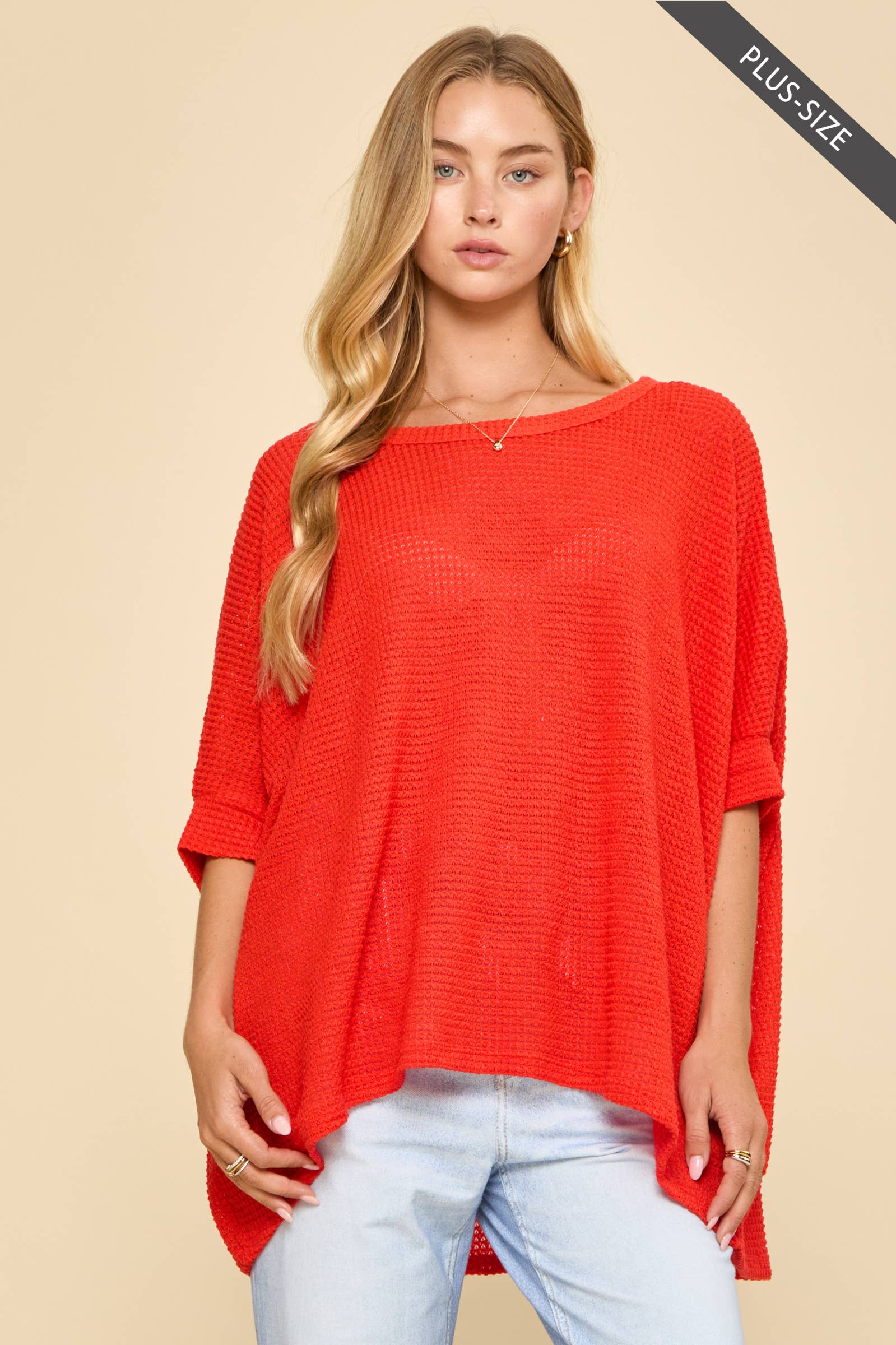 PLUS SIZE Oversized Crochet Knit Poncho To: Red / 2X/3X