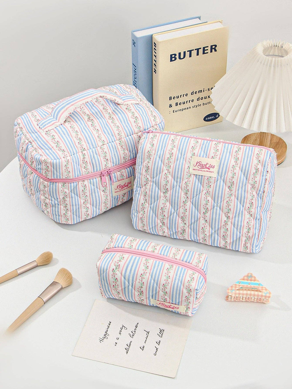Canvas Striped Octagonal Large-Capacity Toiletry Bag: Pink and blue striped bouquet / Small size 19*8*6cm