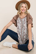 ETK-8522- Floral Paisley Tiered Sleeves Fashion Top : Brown / Small