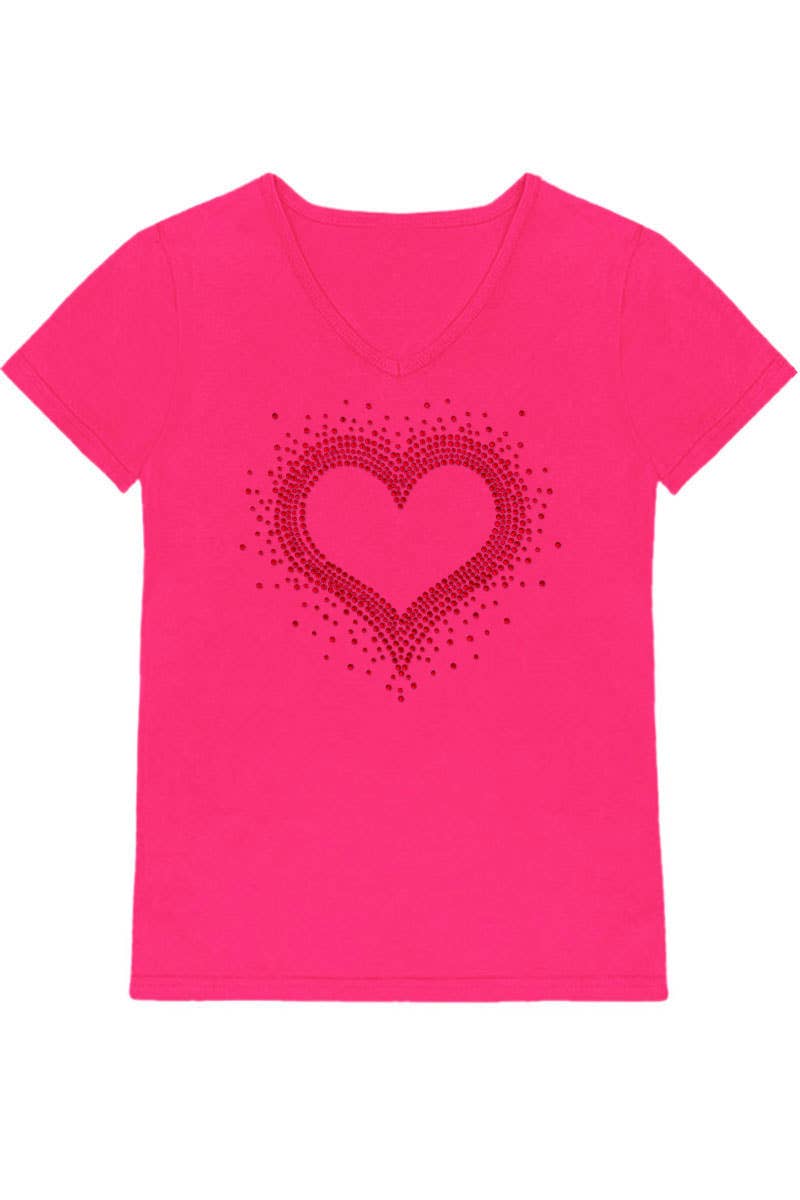 GKT-16811A-309R Girl's V-Neck Heart Rhinestone Graphic Tee: Hot Pink / (6/6X)