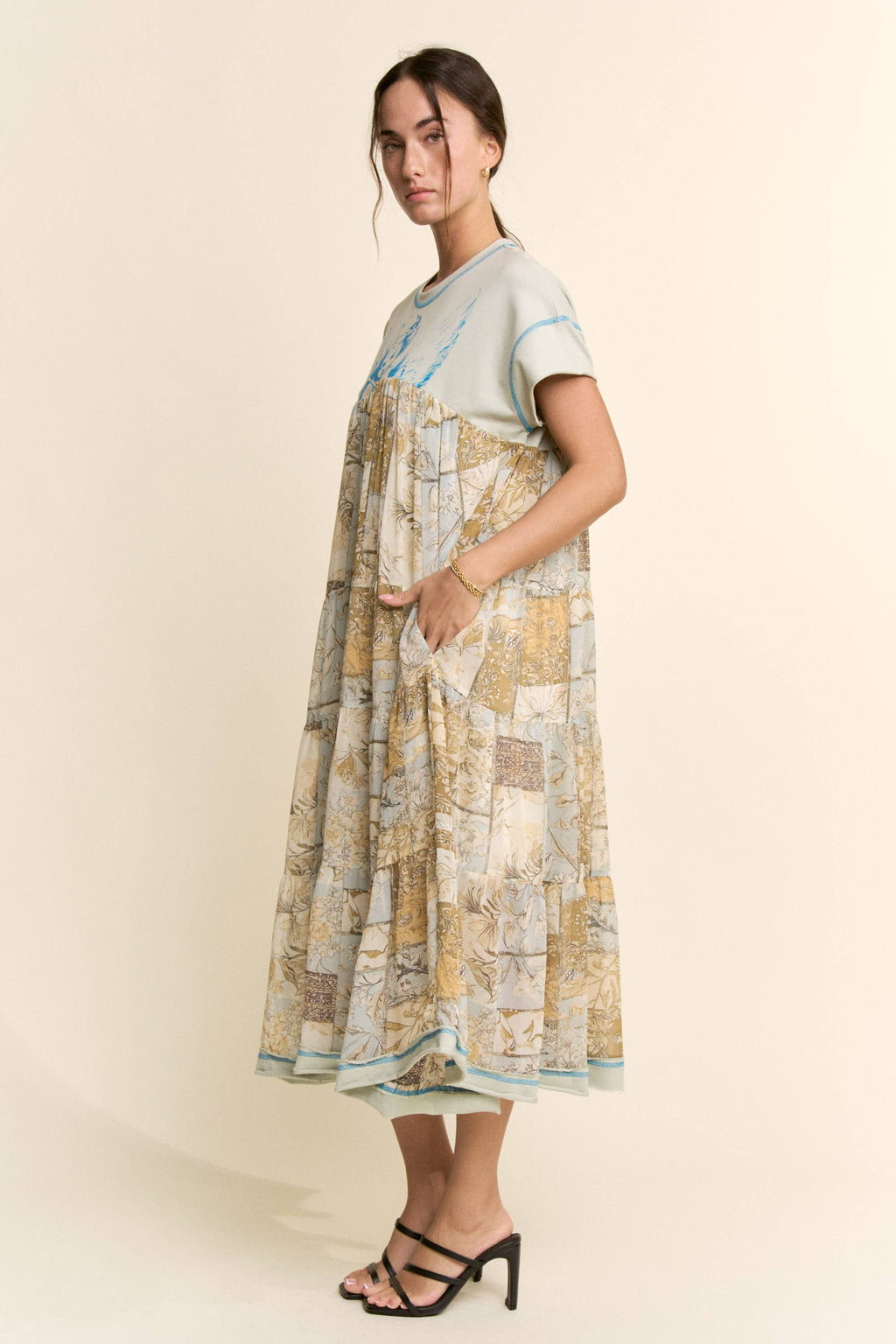 DD60097-ANGEL PRINTED FRENCH TERRY TOP BOTTOM MIDI DRESS: Beige / L