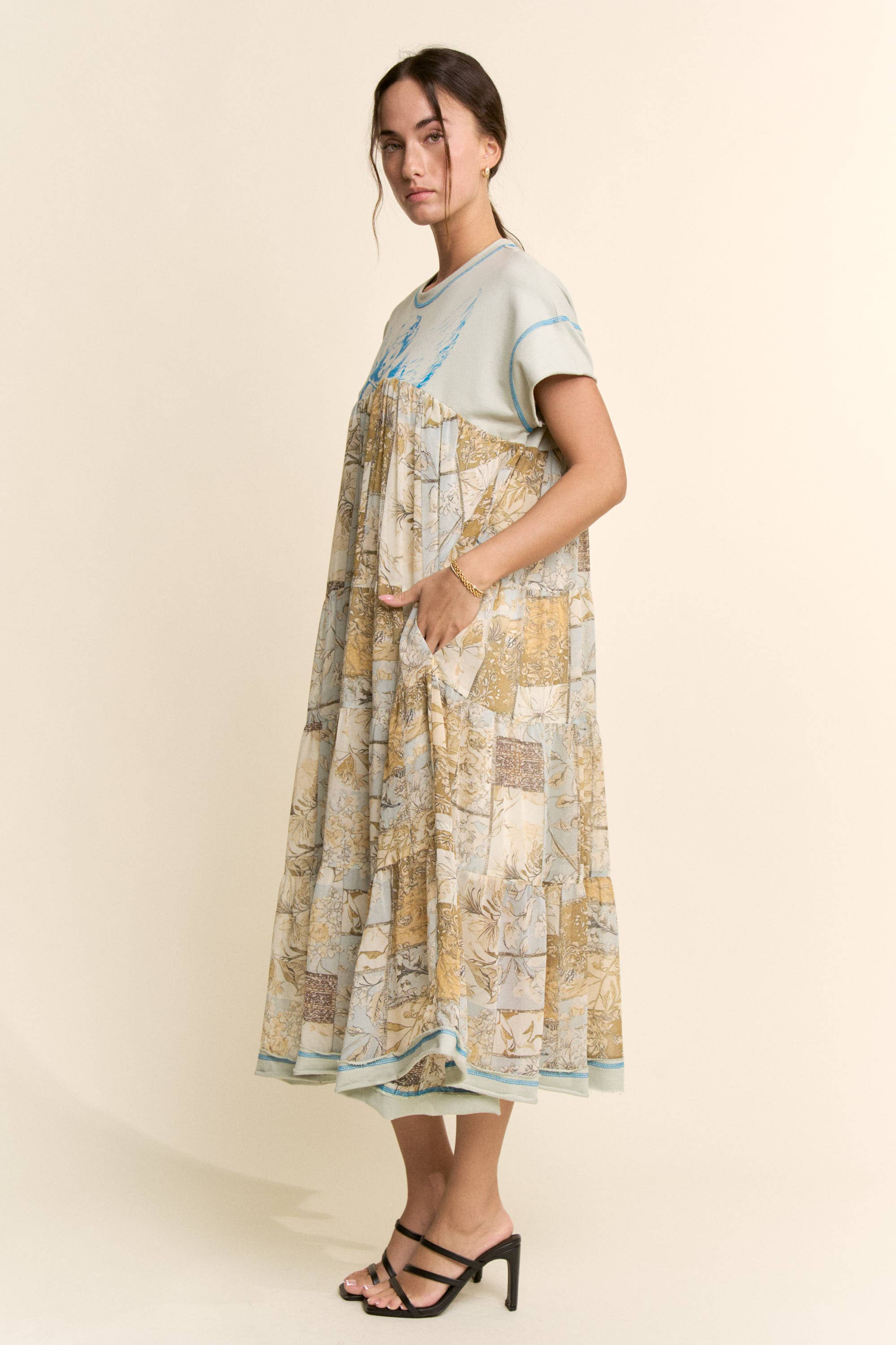 DD60097-ANGEL PRINTED FRENCH TERRY TOP BOTTOM MIDI DRESS: Beige / L