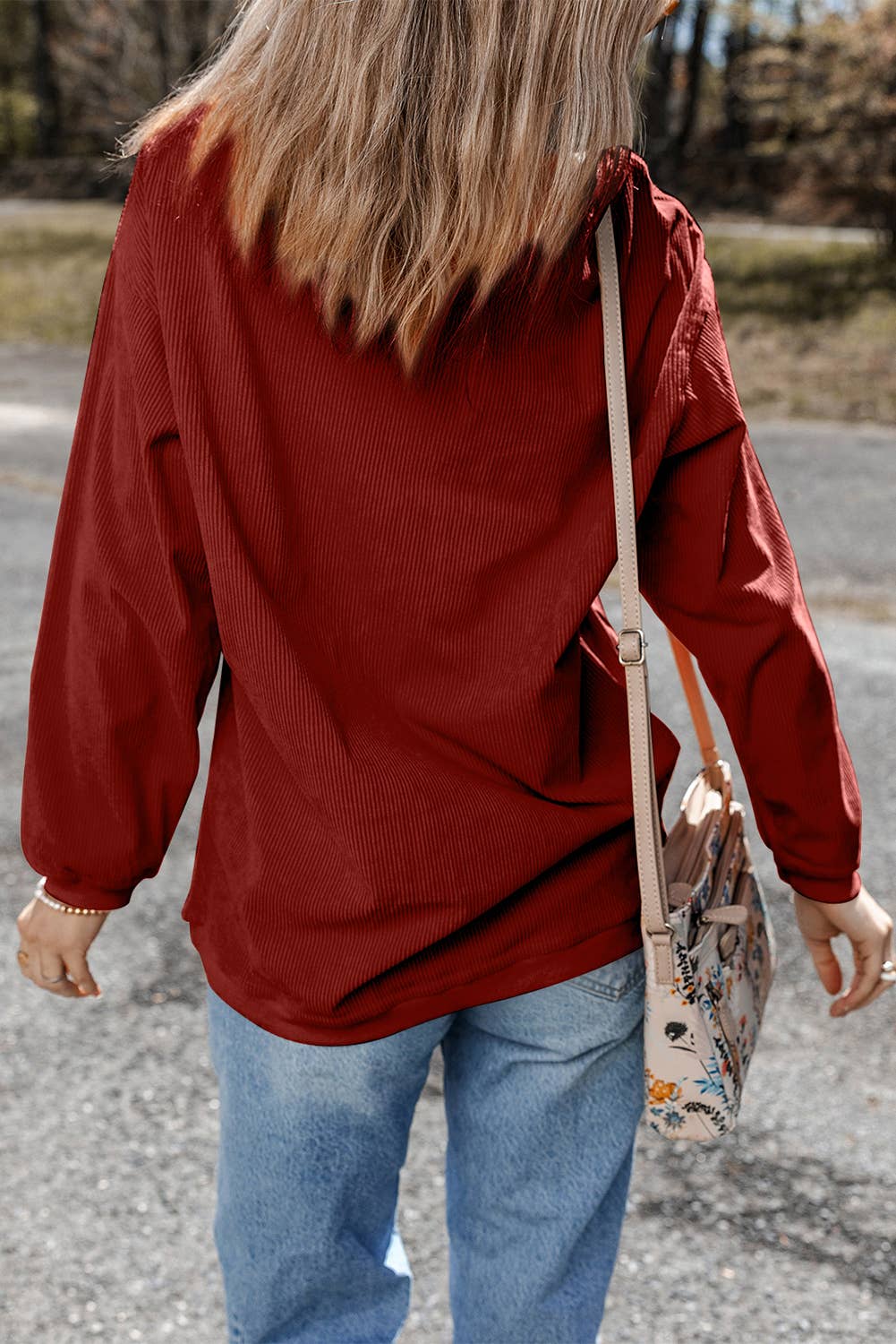 Women Solid Corduroy Crewneck Loose Fit Sweatshirt | S-2XL: Orange / Missy / M