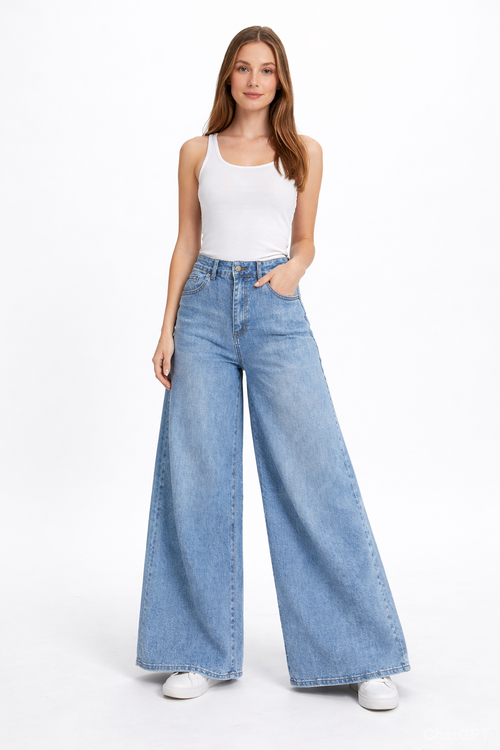 High waist denim pants pocket baggy jeans wide legs stretchy: Denim blue / M