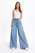 High waist denim pants pocket baggy jeans wide legs stretchy: Denim blue / M