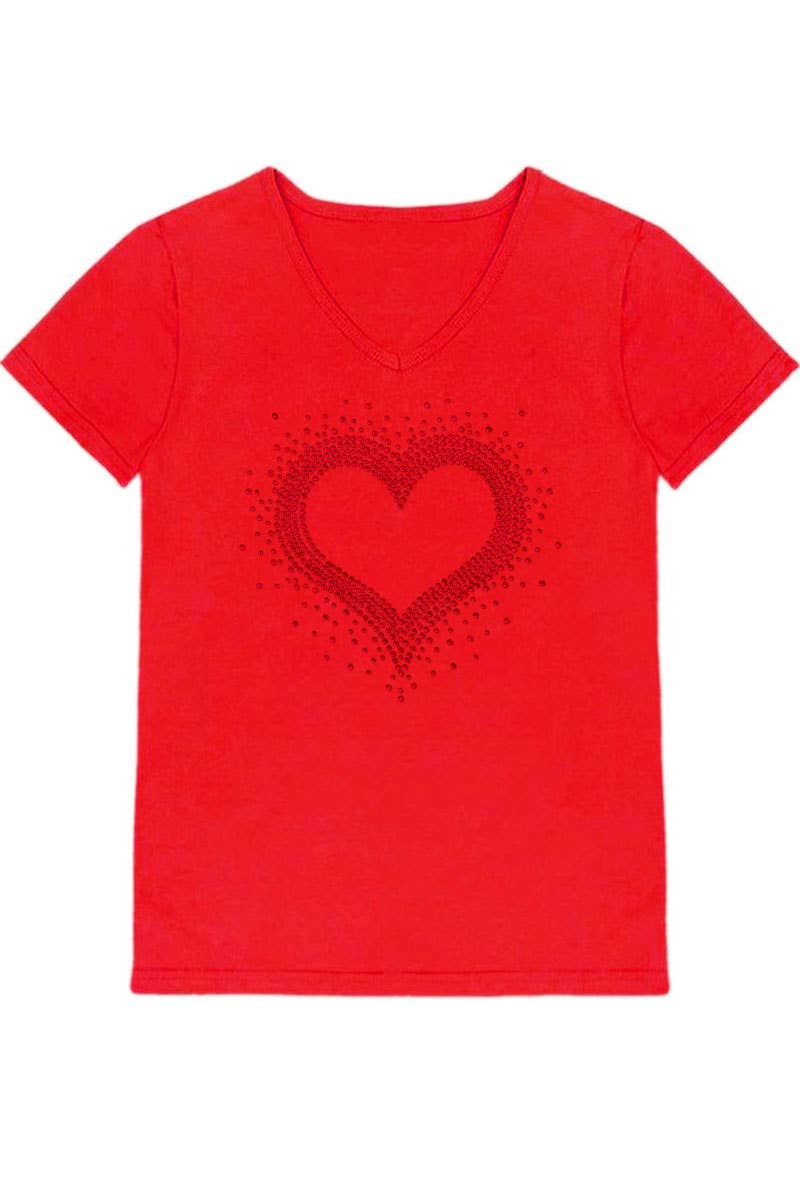 GKT-16811A-309R Girl's V-Neck Heart Rhinestone Graphic Tee: Hot Pink / (4/5)
