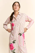 DT60071-PRINTED FLOWER PATCHED MAXI DUSTER SHIRT TOP: IVORY PINK MULTI / M