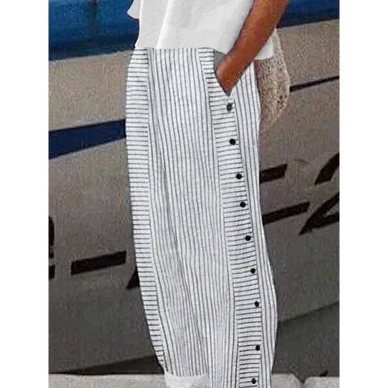 Loose Buttoned Pockets Striped Pants Trousers: GRAY / L