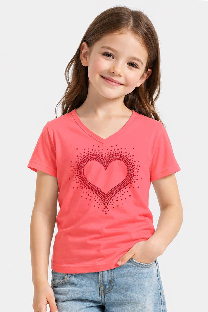 GKT-16811A-309R Girl's V-Neck Heart Rhinestone Graphic Tee: Hot Pink / (4/5)