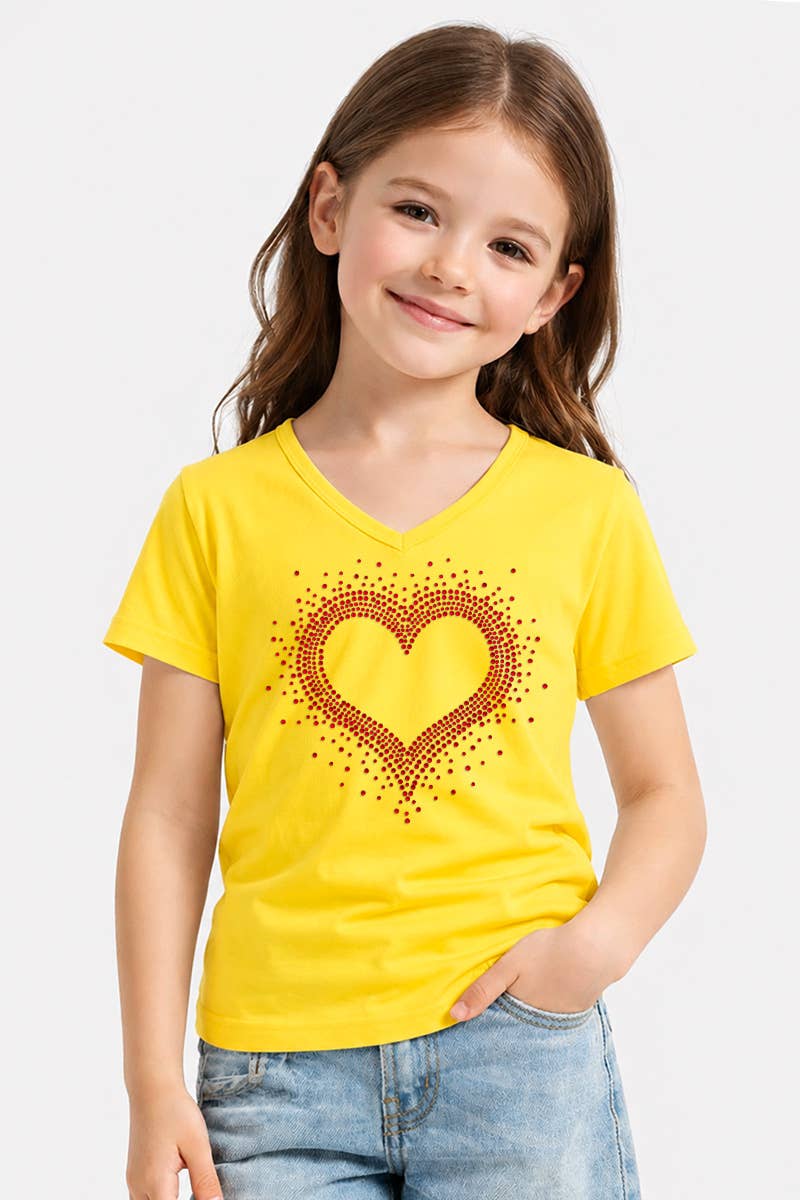 GKT-16811A-309R Girl's V-Neck Heart Rhinestone Graphic Tee: Hot Pink / (6/6X)
