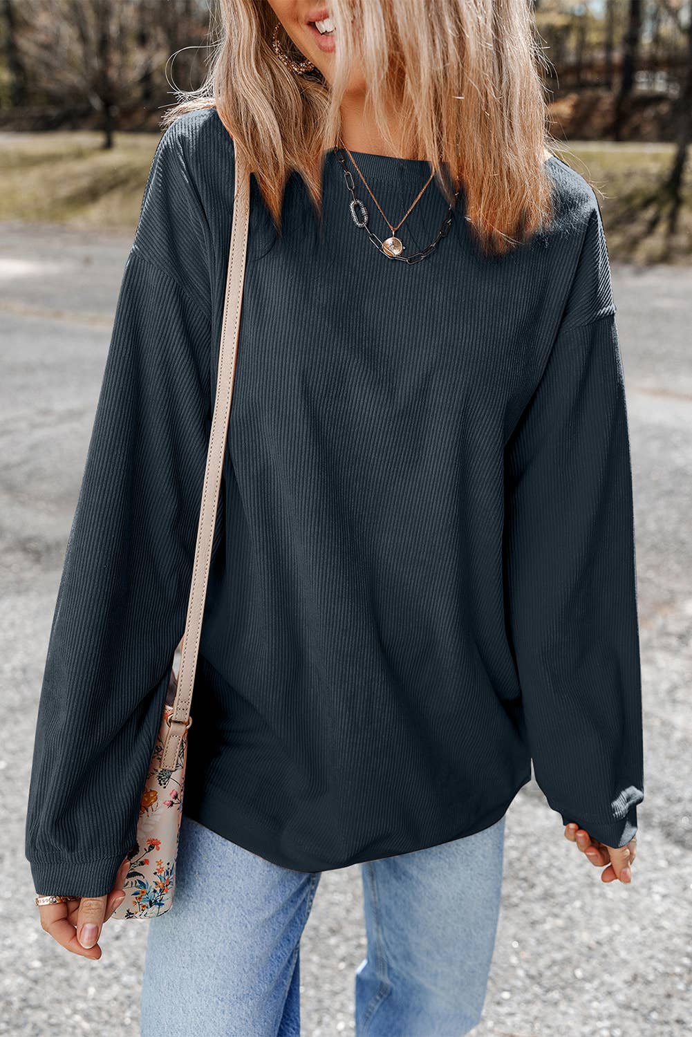 Women Solid Corduroy Crewneck Loose Fit Sweatshirt | S-2XL: Red / Missy / S