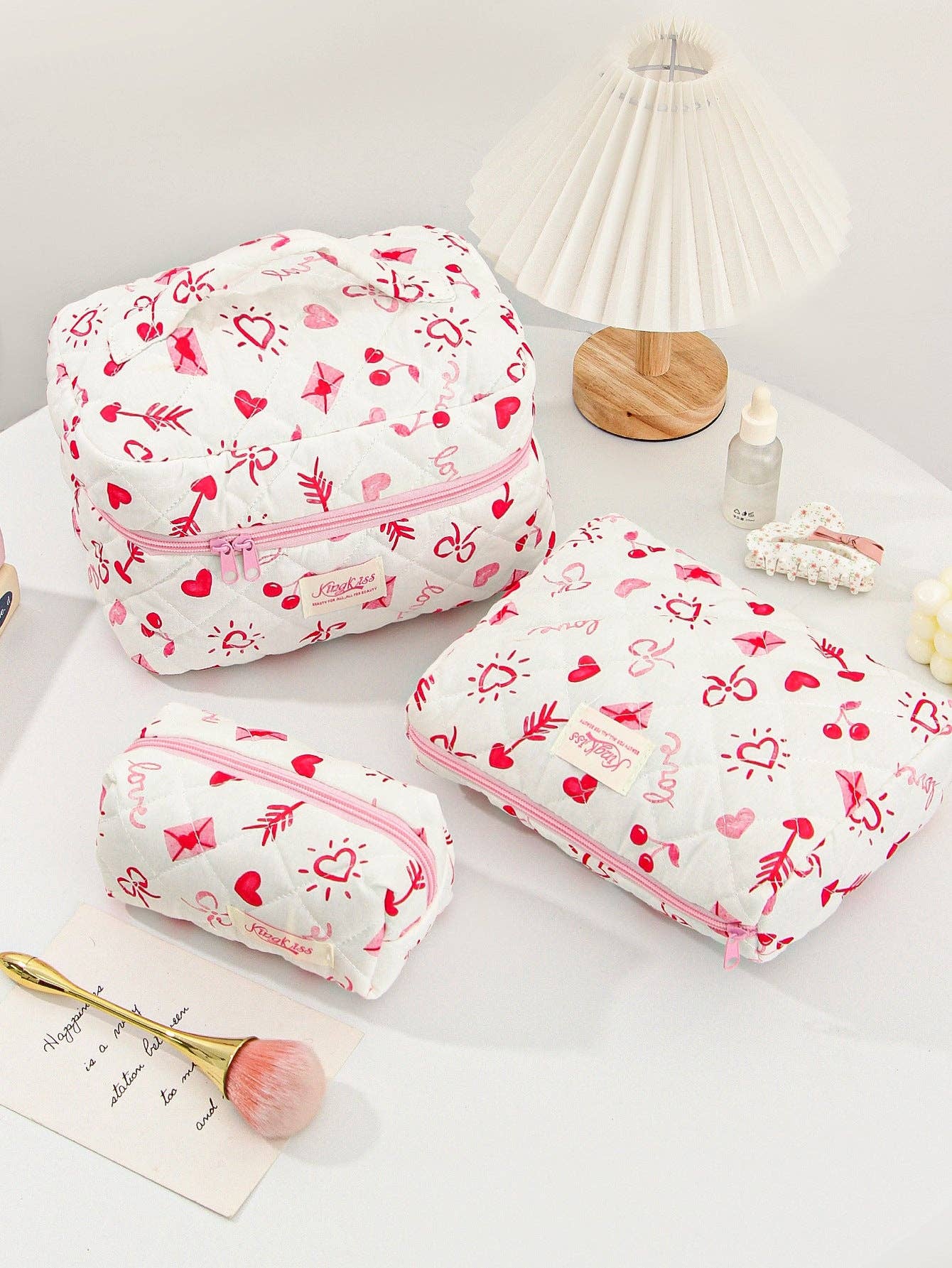 Canvas Striped Octagonal Large-Capacity Toiletry Bag: Pink and blue striped bouquet / Small size 19*8*6cm