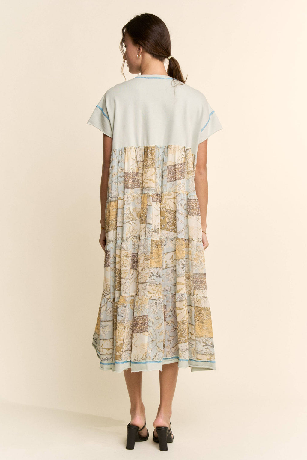 DD60097-ANGEL PRINTED FRENCH TERRY TOP BOTTOM MIDI DRESS: Beige / L