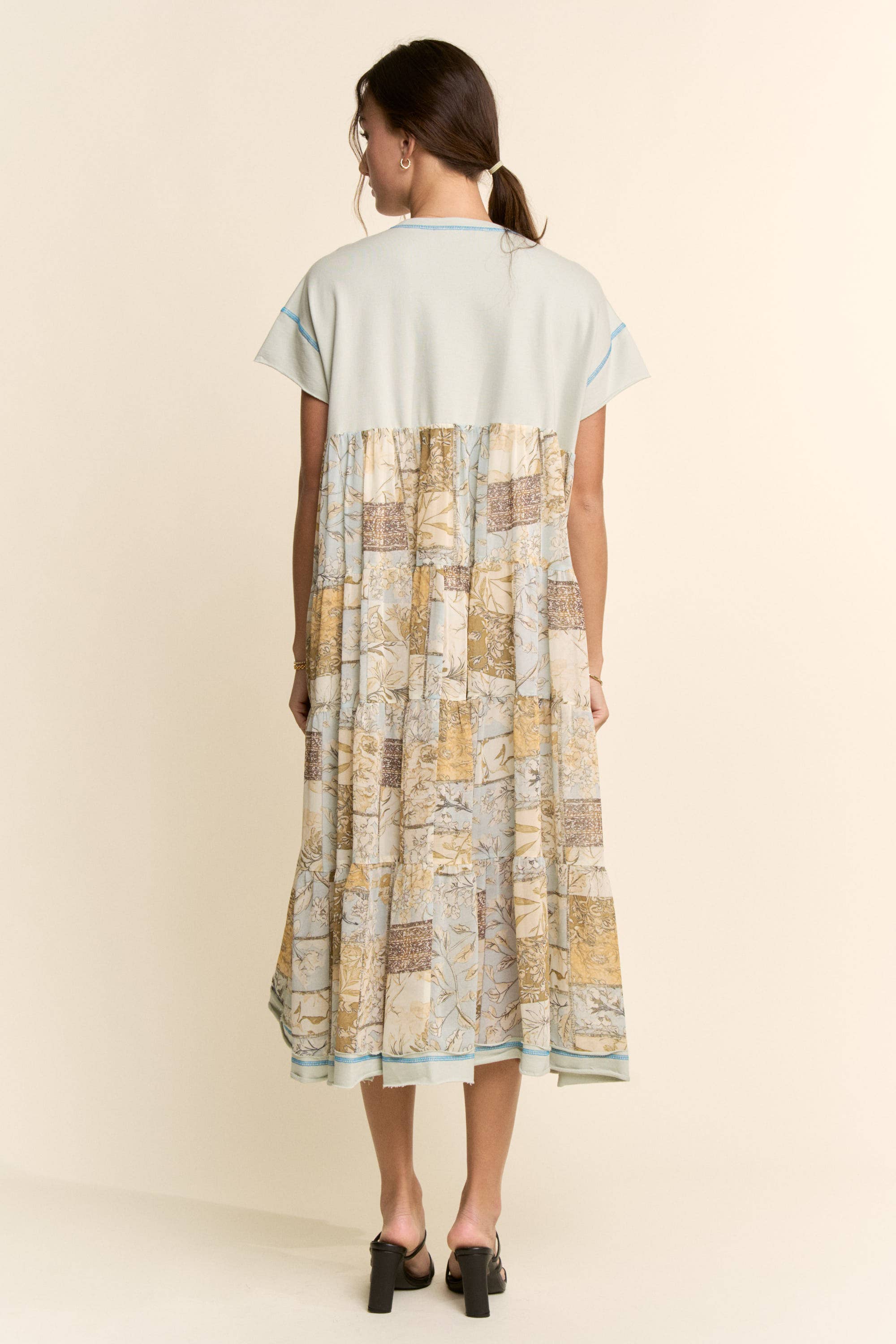 DD60097-ANGEL PRINTED FRENCH TERRY TOP BOTTOM MIDI DRESS: Beige / L
