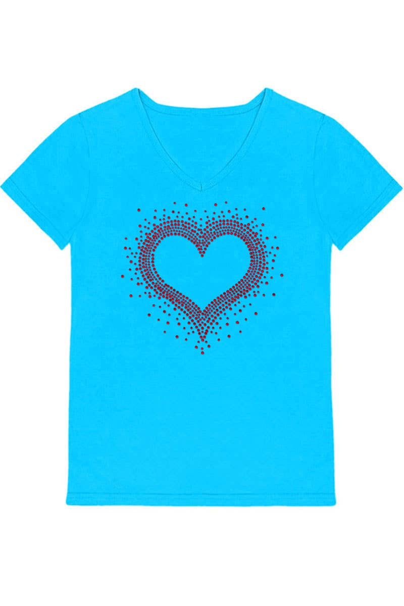 GKT-16811A-309R Girl's V-Neck Heart Rhinestone Graphic Tee: Hot Pink / (4/5)