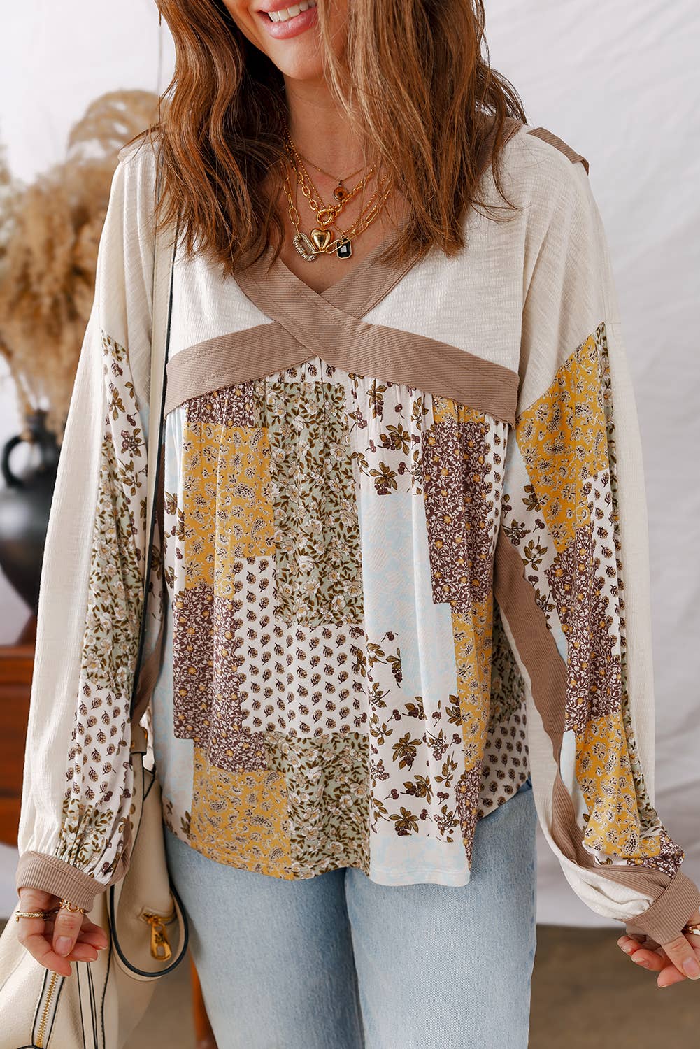 Floral Printed Cross Patchwork Long Sleeve Top | S-XL: As shown / Missy / S