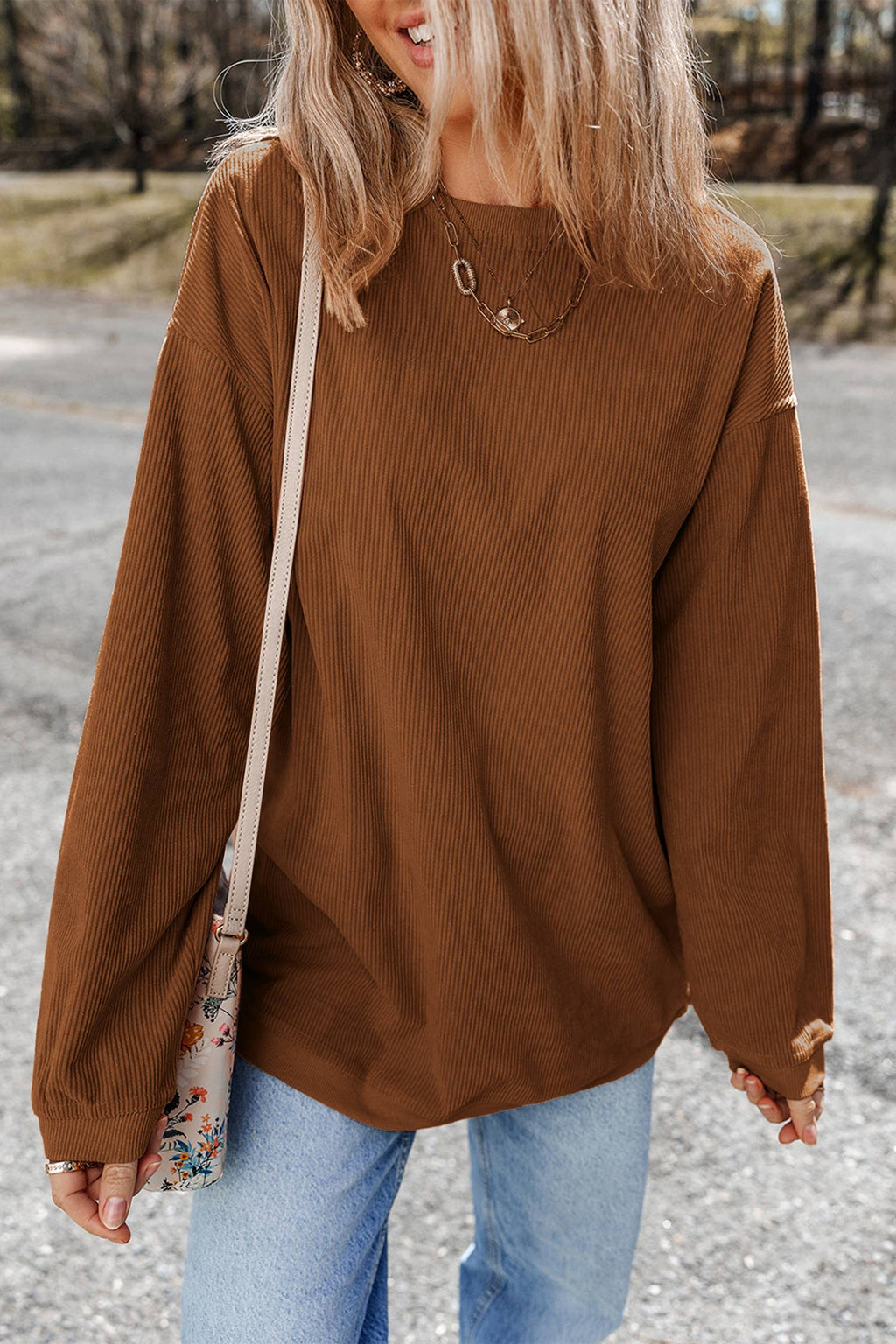 Women Solid Corduroy Crewneck Loose Fit Sweatshirt | S-2XL: Red / Missy / 2XL