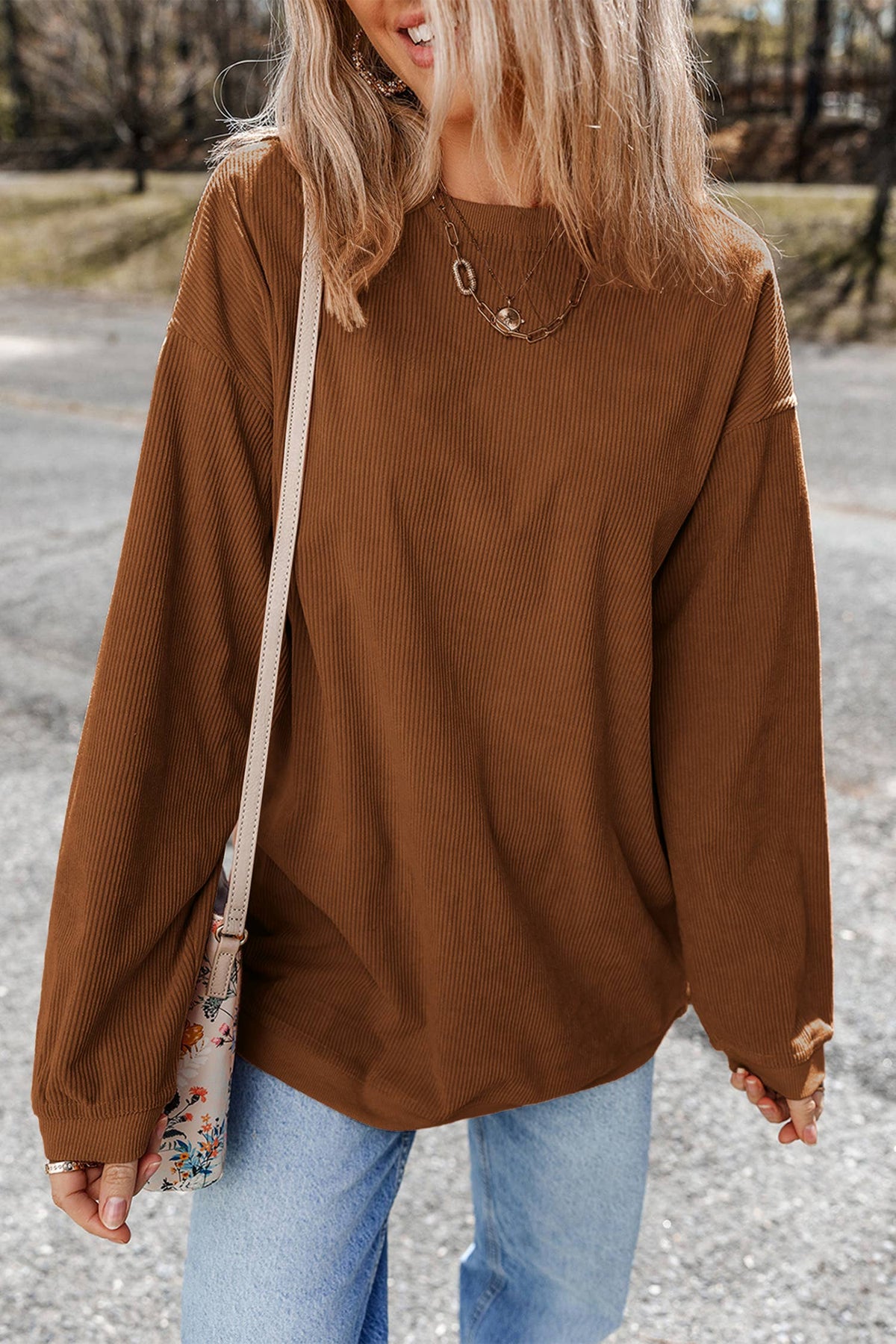 Women Solid Corduroy Crewneck Loose Fit Sweatshirt | S-2XL: Orange / Missy / XL