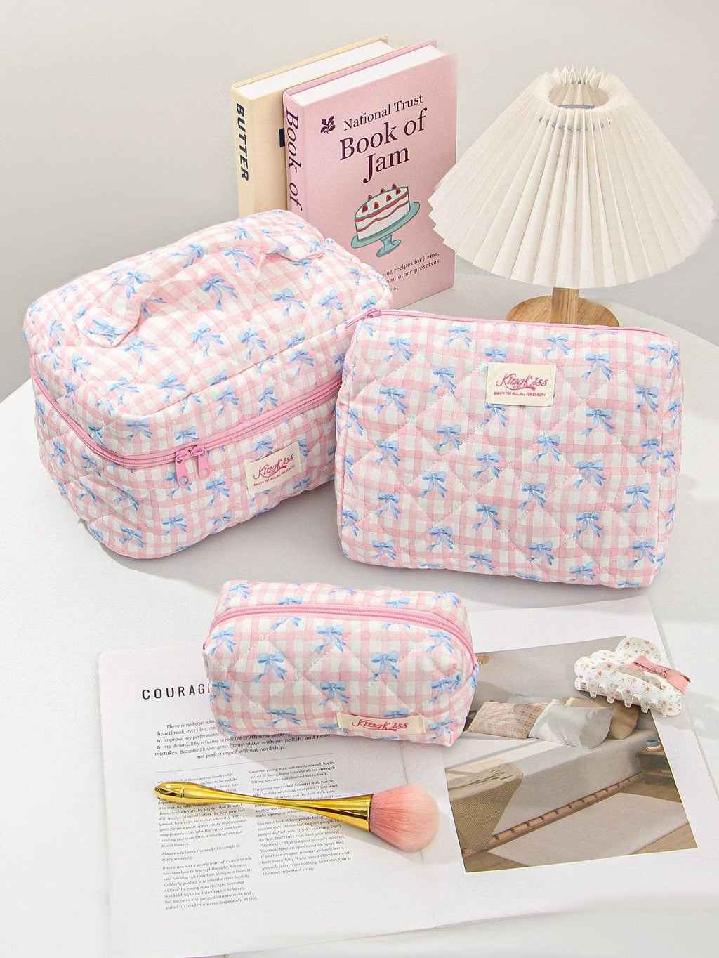 Canvas Striped Octagonal Large-Capacity Toiletry Bag: Pink and blue striped bouquet / Small size 19*8*6cm