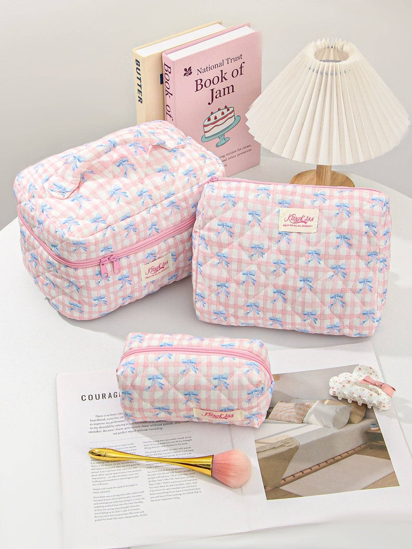 Canvas Striped Octagonal Large-Capacity Toiletry Bag: Ribbon bow little heart / Small size 19*8*6cm