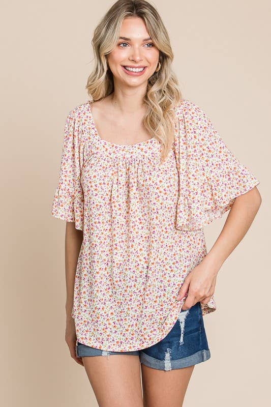 ETK-8801 Floral Squareneck Bell Sleeves Top: Ivory / Medium