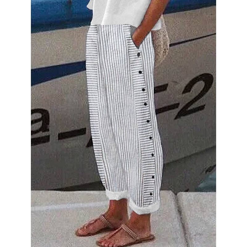 Loose Buttoned Pockets Striped Pants Trousers: GRAY / L