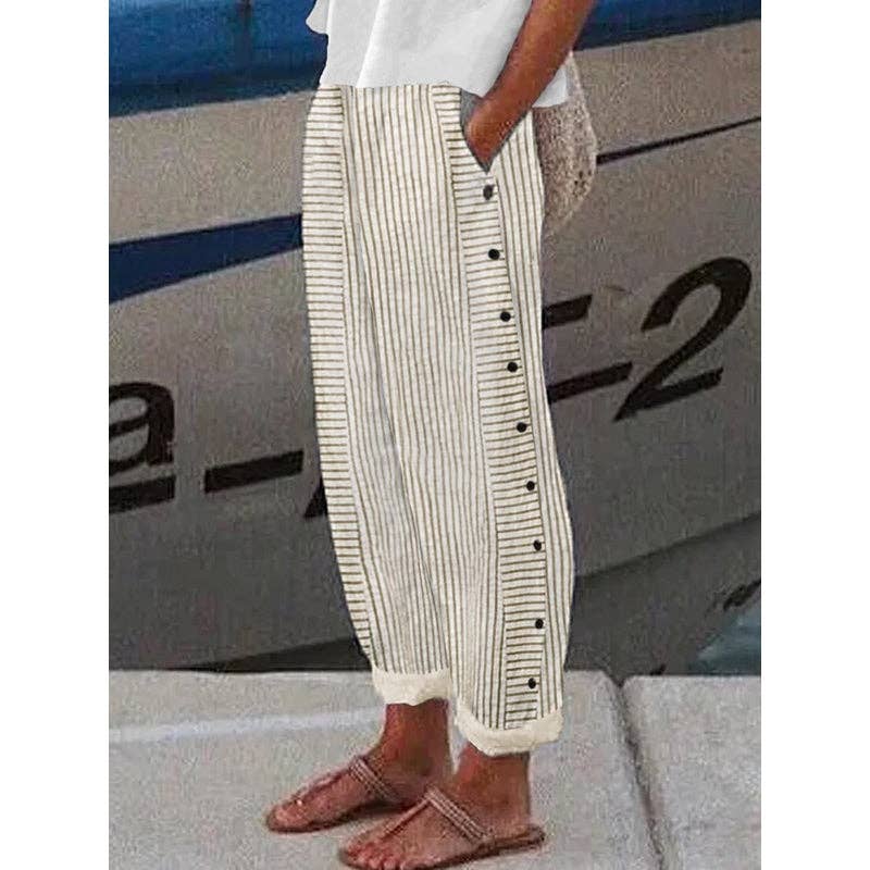 Loose Buttoned Pockets Striped Pants Trousers: GRAY / L