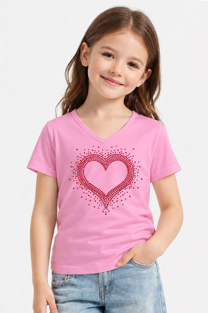 GKT-16811A-309R Girl's V-Neck Heart Rhinestone Graphic Tee: Hot Pink / (6/6X)