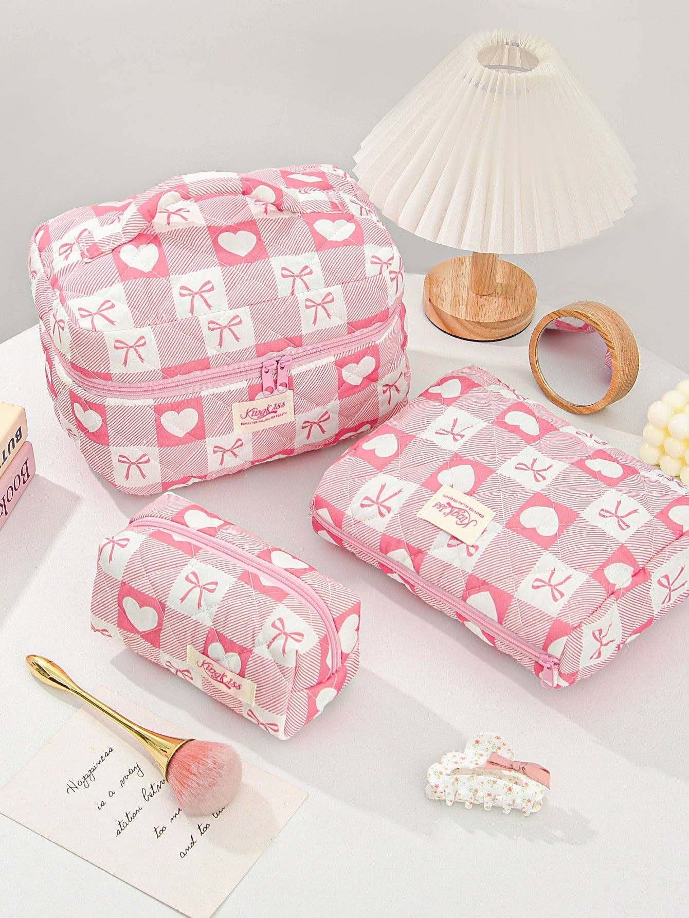 Canvas Striped Octagonal Large-Capacity Toiletry Bag: Pink and blue striped bouquet / Small size 19*8*6cm