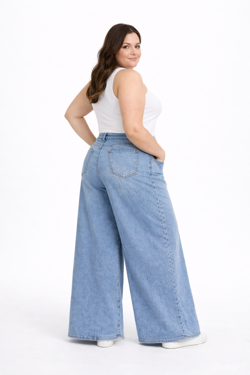 Plus-size high-waist denim pants pocket baggy jeans wide leg: Denim / 2XL