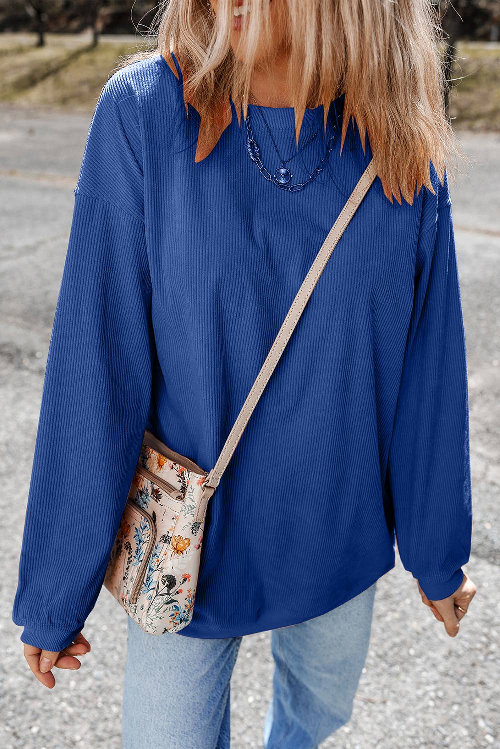 Women Solid Corduroy Crewneck Loose Fit Sweatshirt | S-2XL: Red / Missy / XL