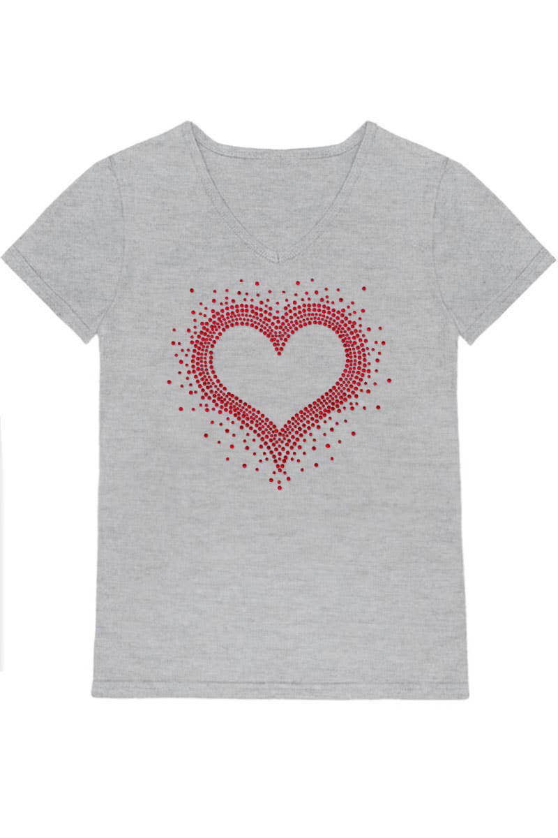 GKT-16811A-309R Girl's V-Neck Heart Rhinestone Graphic Tee: Hot Pink / (4/5)
