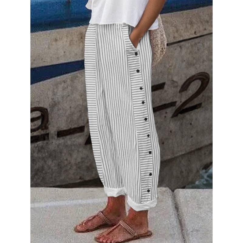 Loose Buttoned Pockets Striped Pants Trousers: GRAY / L