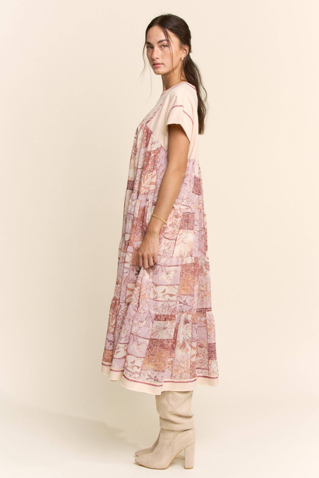 DD60097-ANGEL PRINTED FRENCH TERRY TOP BOTTOM MIDI DRESS: Beige / L