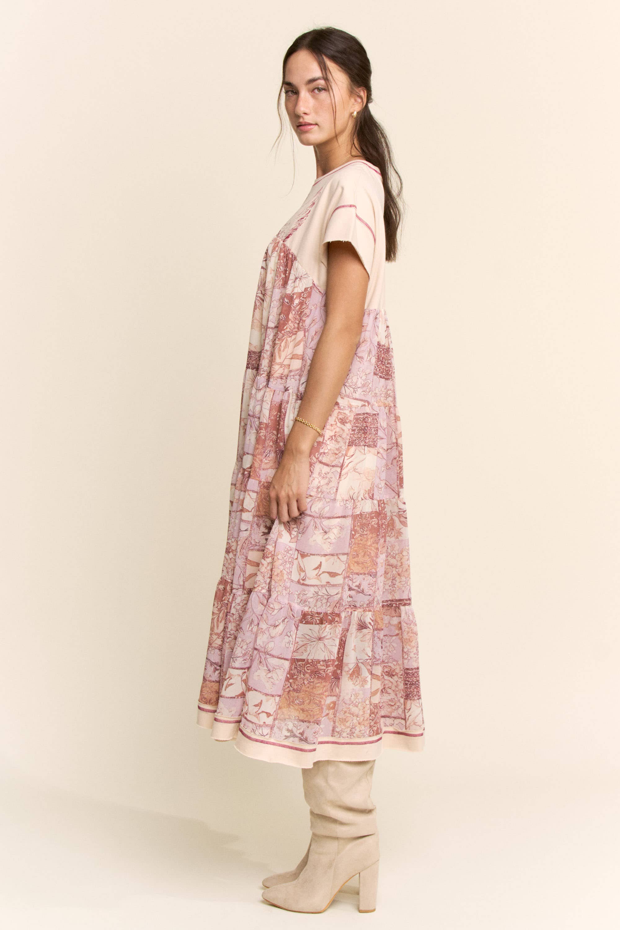 DD60097-ANGEL PRINTED FRENCH TERRY TOP BOTTOM MIDI DRESS: Beige / S