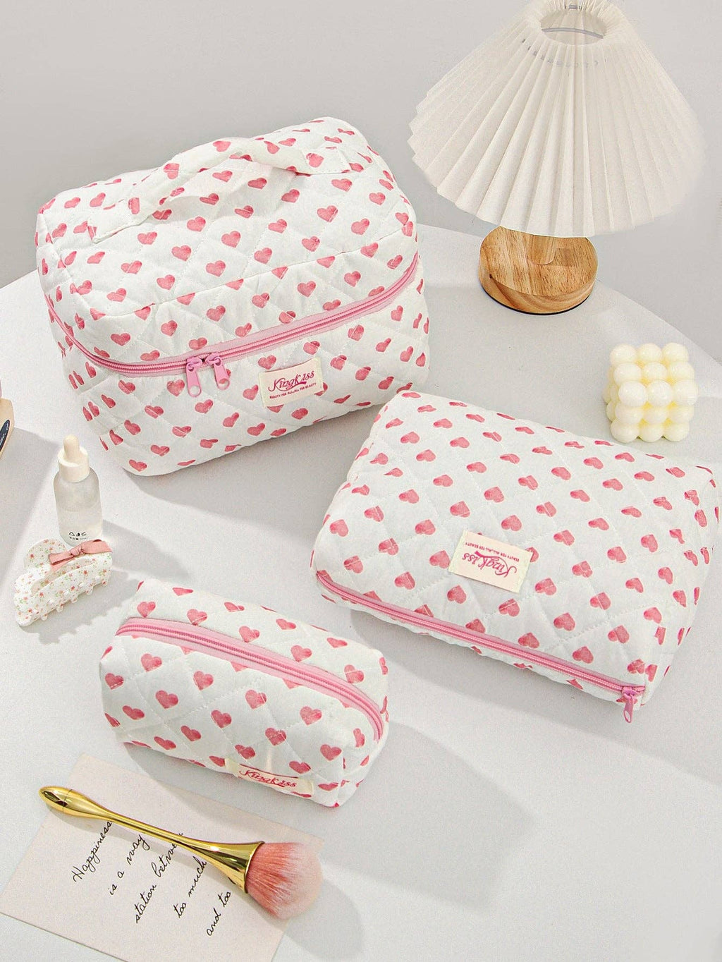 Canvas Striped Octagonal Large-Capacity Toiletry Bag: Ribbon bow little heart / Small size 19*8*6cm