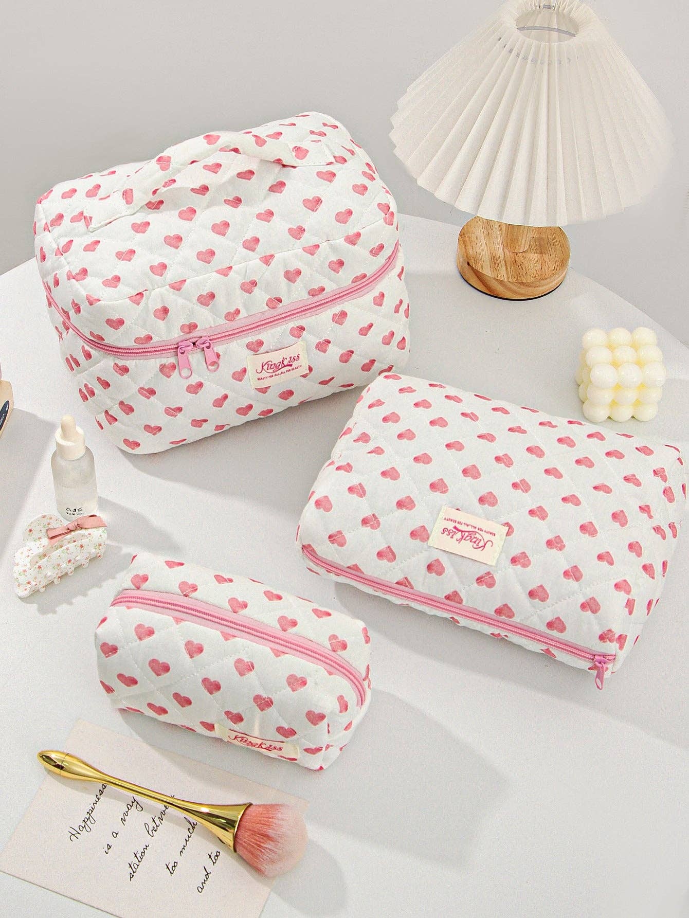 Canvas Striped Octagonal Large-Capacity Toiletry Bag: Ribbon bow little heart / Small size 19*8*6cm