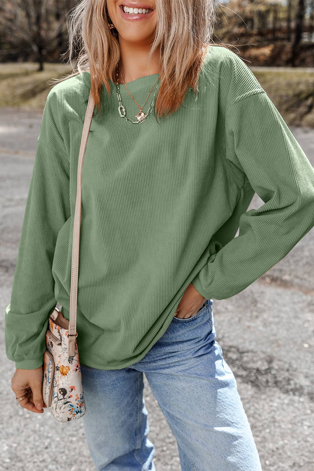 Women Solid Corduroy Crewneck Loose Fit Sweatshirt | S-2XL: Red / Missy / S