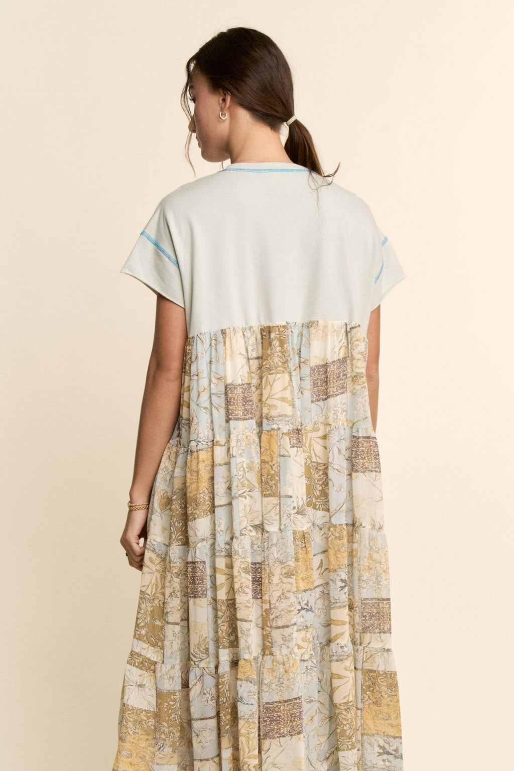 DD60097-ANGEL PRINTED FRENCH TERRY TOP BOTTOM MIDI DRESS: Beige / L