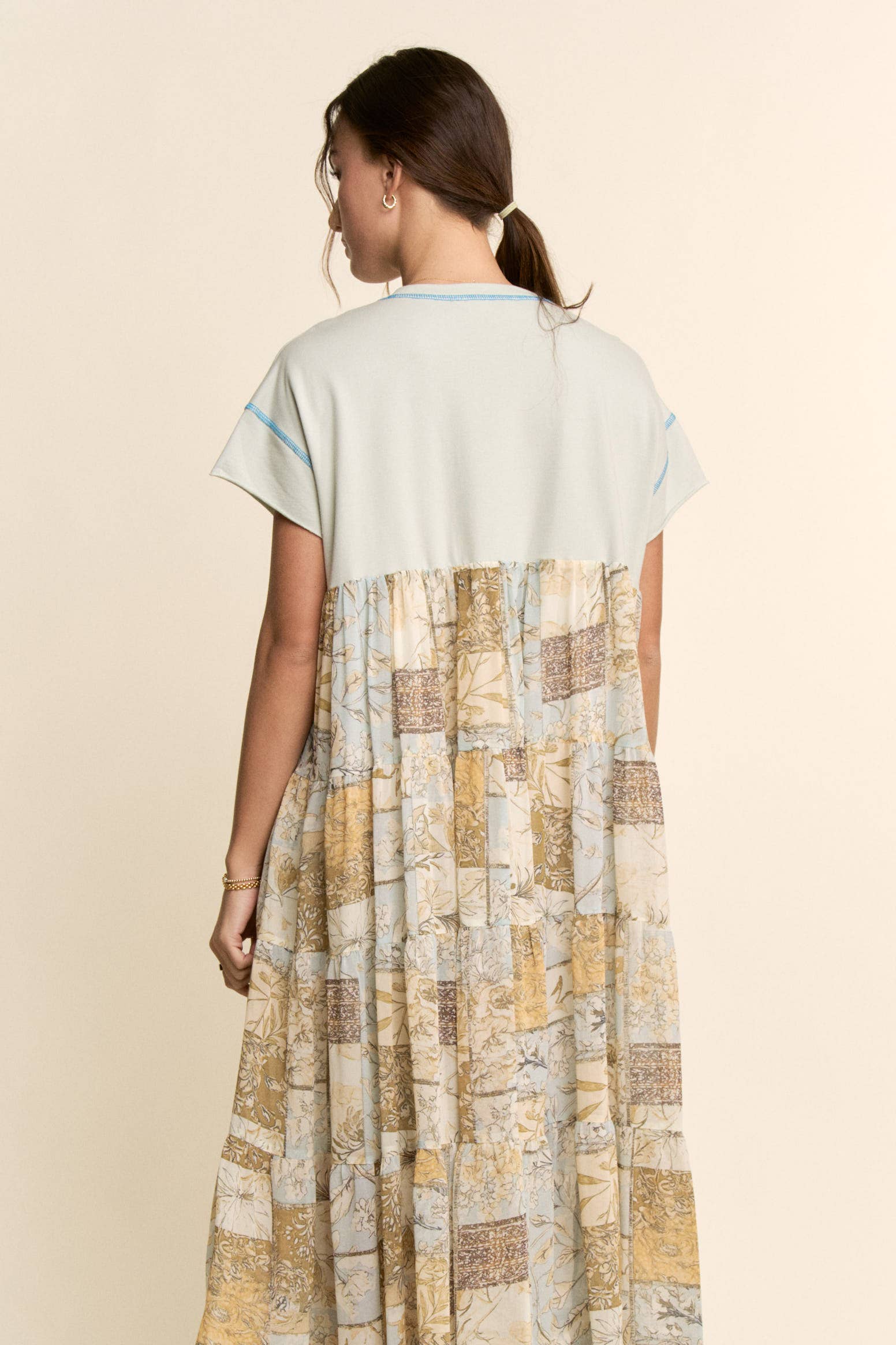 DD60097-ANGEL PRINTED FRENCH TERRY TOP BOTTOM MIDI DRESS: Beige / L