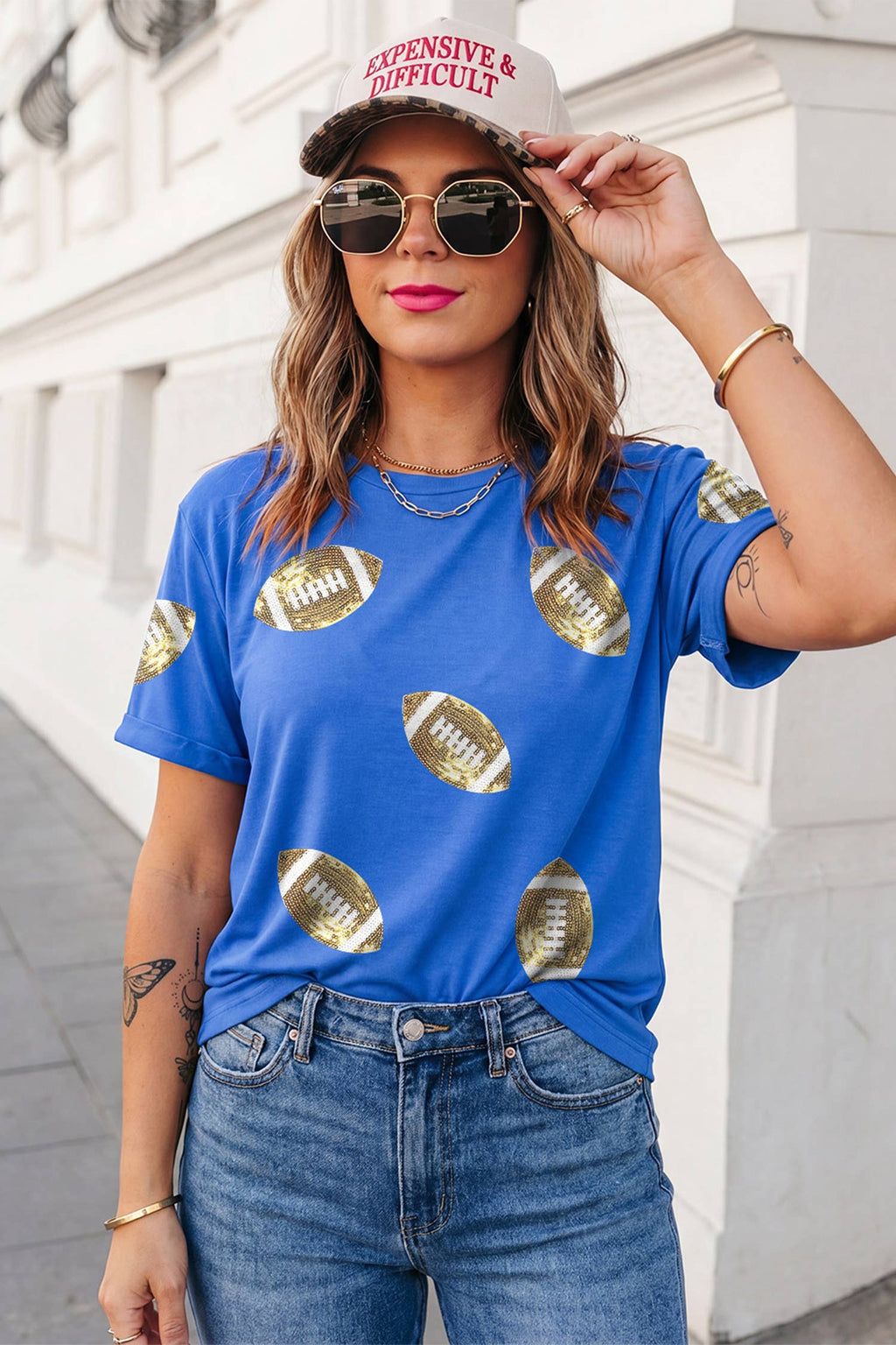 Game Day Sequin Rugby Graphic Crew Neck Shift T-Shirt | S-XL: Dark Blue / M