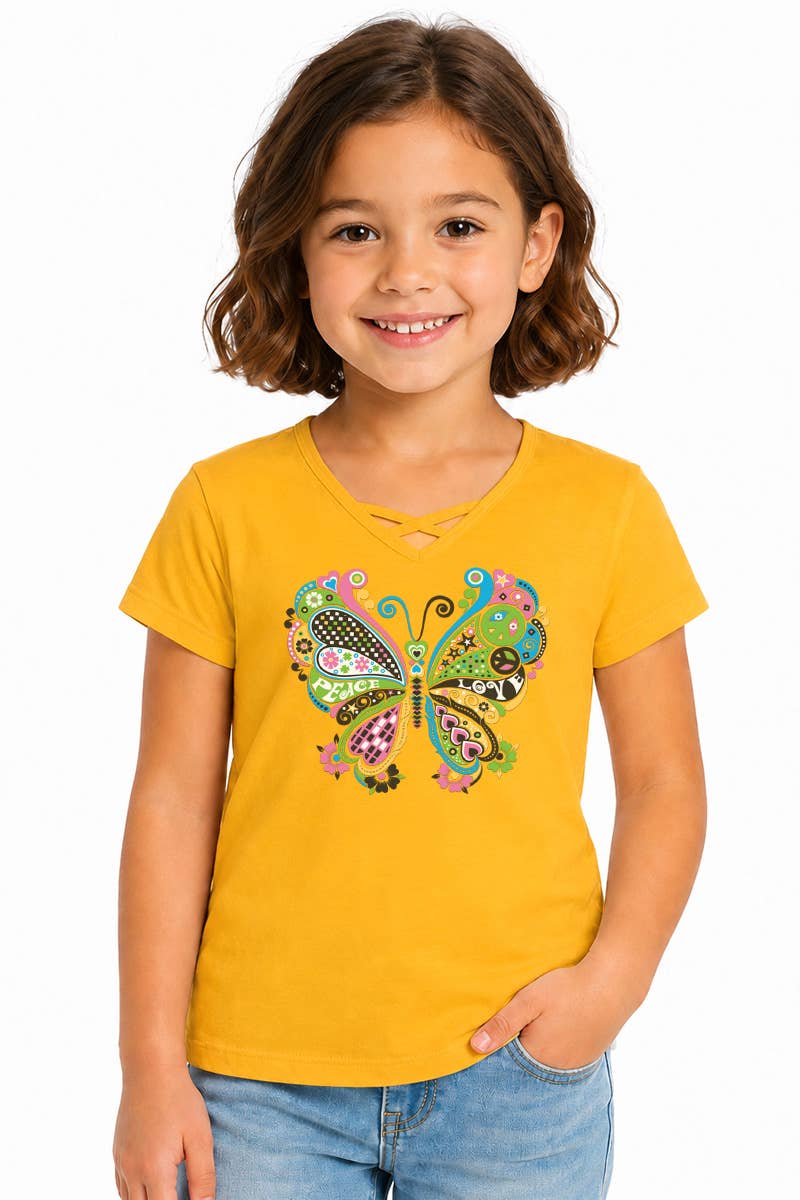 GKT-16810B-TA515 Girl's V-neck Graphic Tee w/Butterfly: Heather Grey / 10