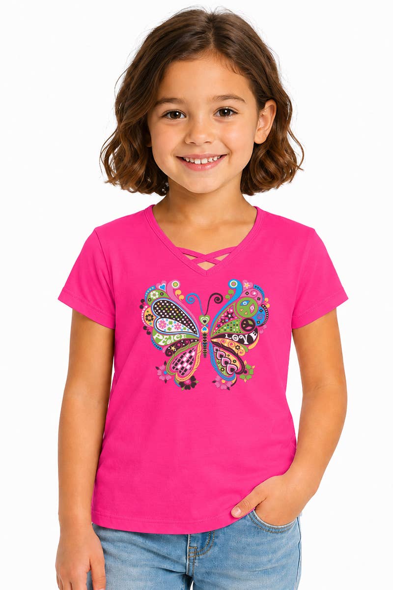 GKT-16810B-TA515 Girl's V-neck Graphic Tee w/Butterfly: Heather Grey / 10