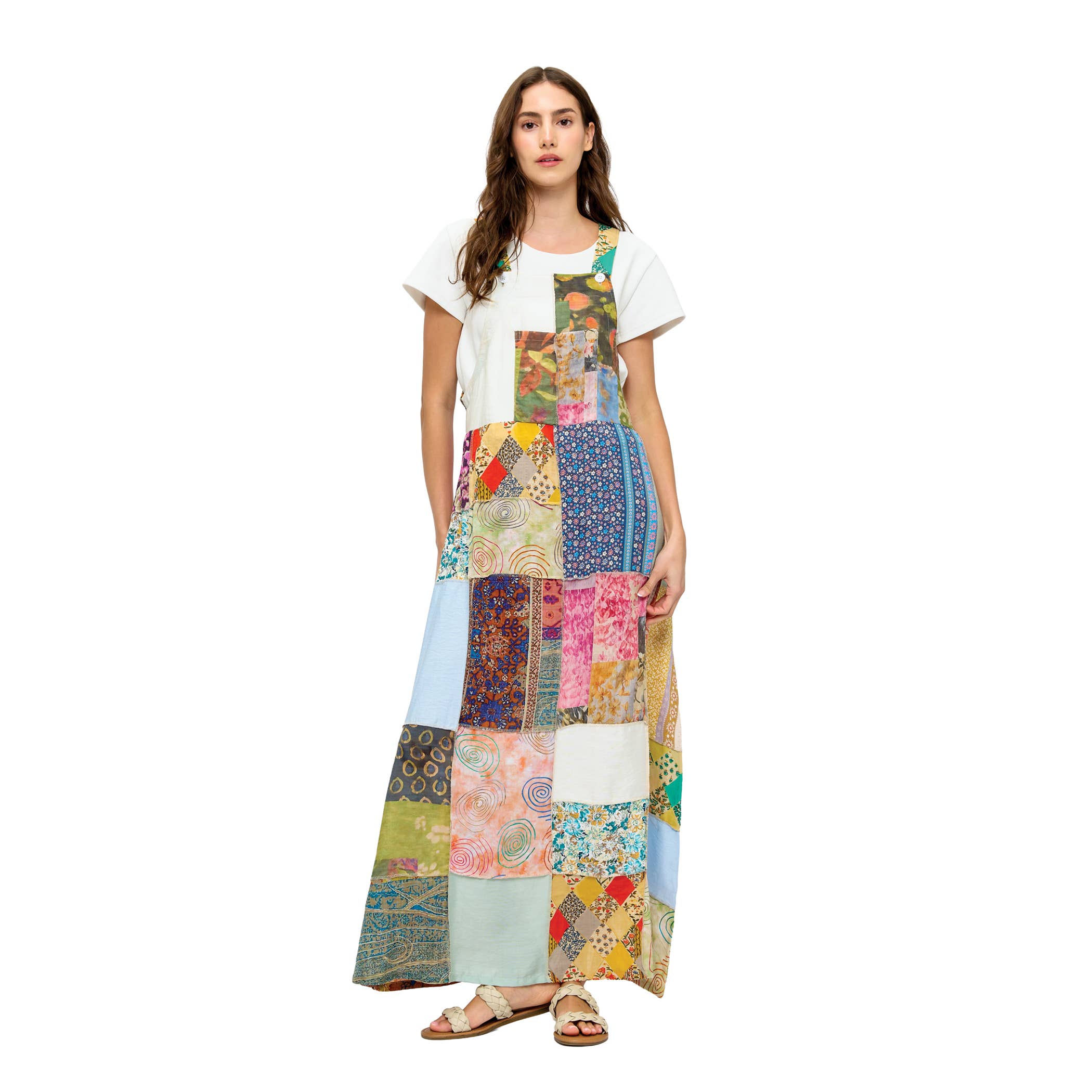 Floral Patchwork Overall Maxi Dress: Multi / L/XL