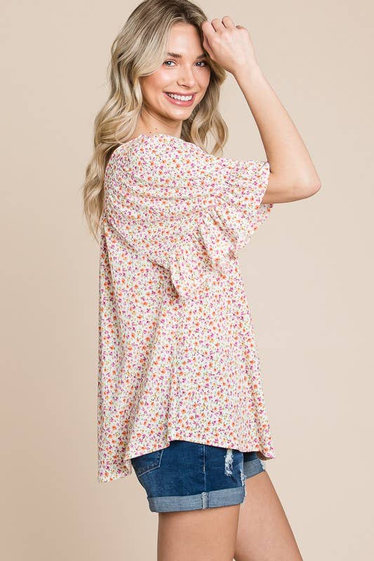 ETK-8801 Floral Squareneck Bell Sleeves Top: Ivory / Large